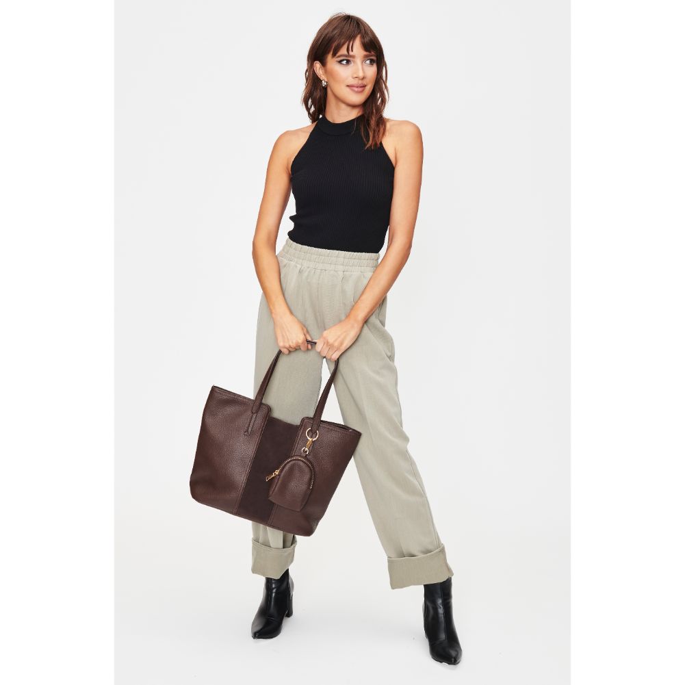 Woman wearing Espresso Moda Luxe Millie Tote 842017128687 View 3 | Espresso