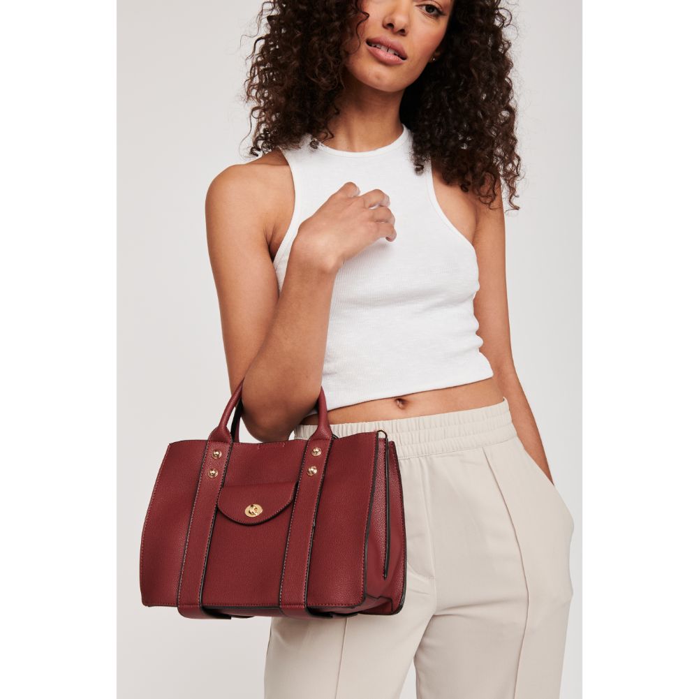 Woman wearing Burgundy Moda Luxe Rockefeller Satchel 842017115564 View 2 | Burgundy