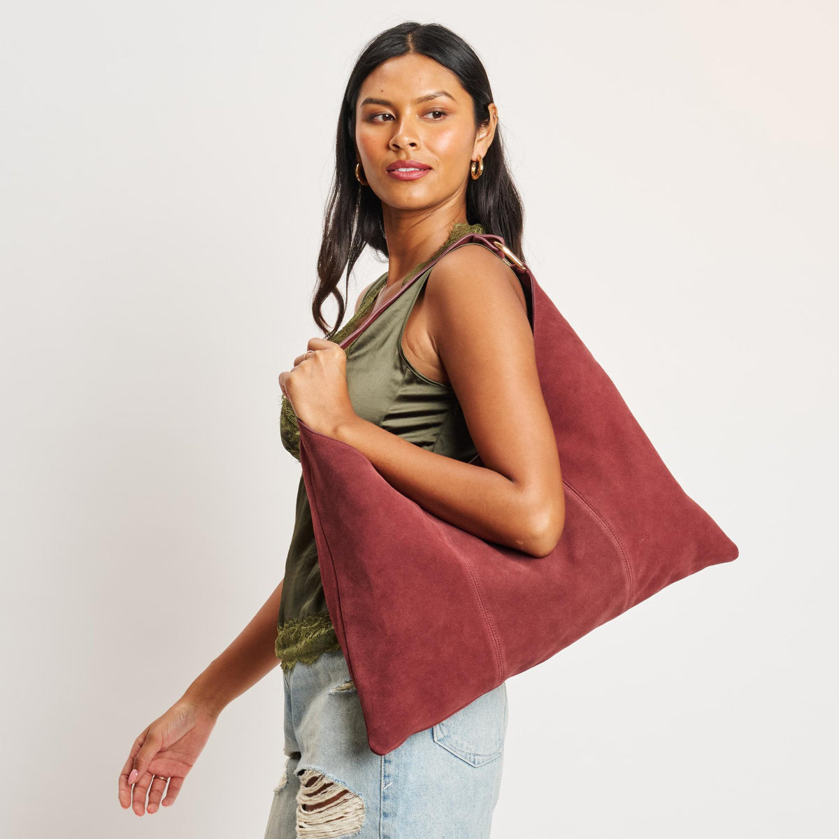 Woman wearing Rust Moda Luxe Indie Hobo 842017138952 View 2 | Rust