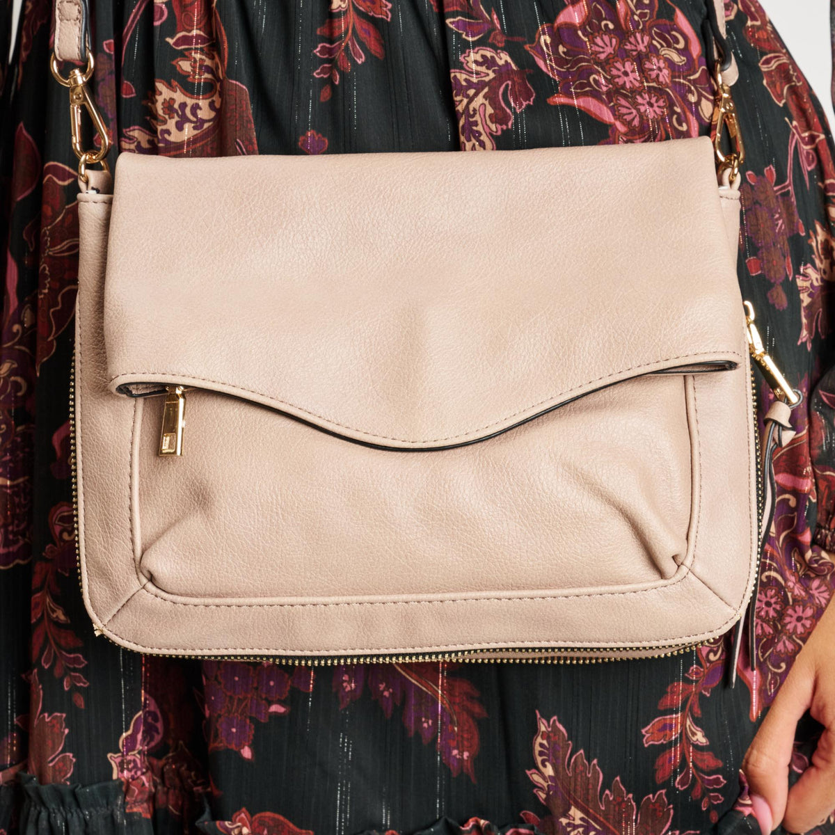 Woman wearing Natural Moda Luxe Easy Foldover Crossbody 842017139850 View 4 | Natural