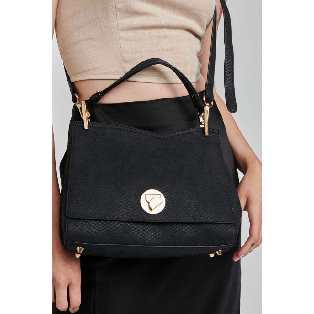 Woman wearing Black Moda Luxe Camila Snake Satchel 842017121626 View 1 | Black