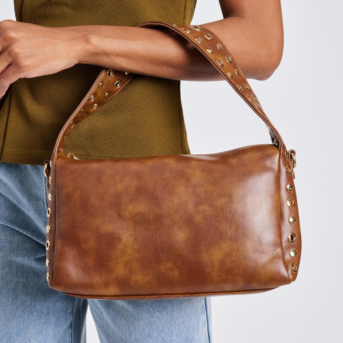 Woman wearing Cognac Moda Luxe Jane Clutch 842017136750 View 1 | Cognac