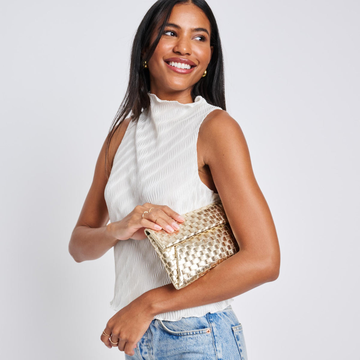 Woman wearing Gold Moda Luxe Priscilla Clutch 842017136552 View 2 | Gold