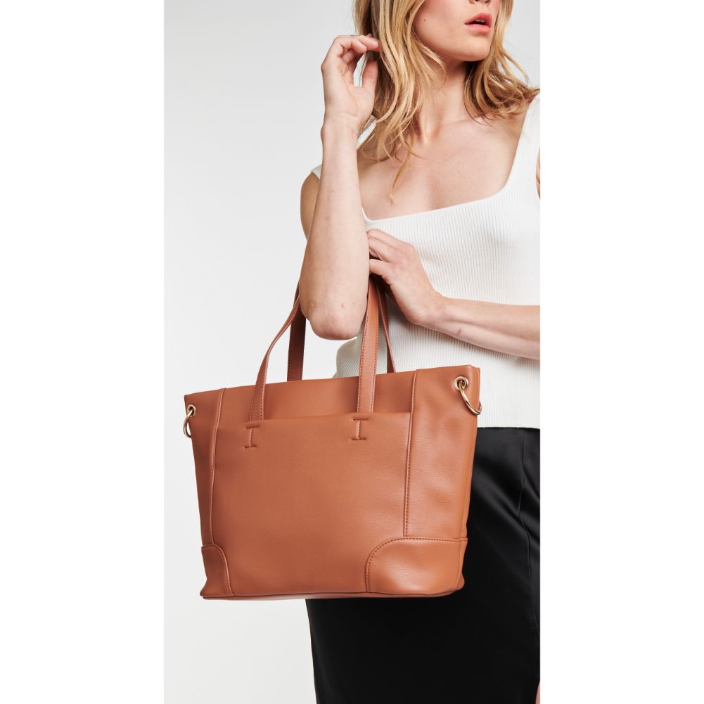 Woman wearing Tan Moda Luxe Becka Tote 842017126577 View 1 | Tan