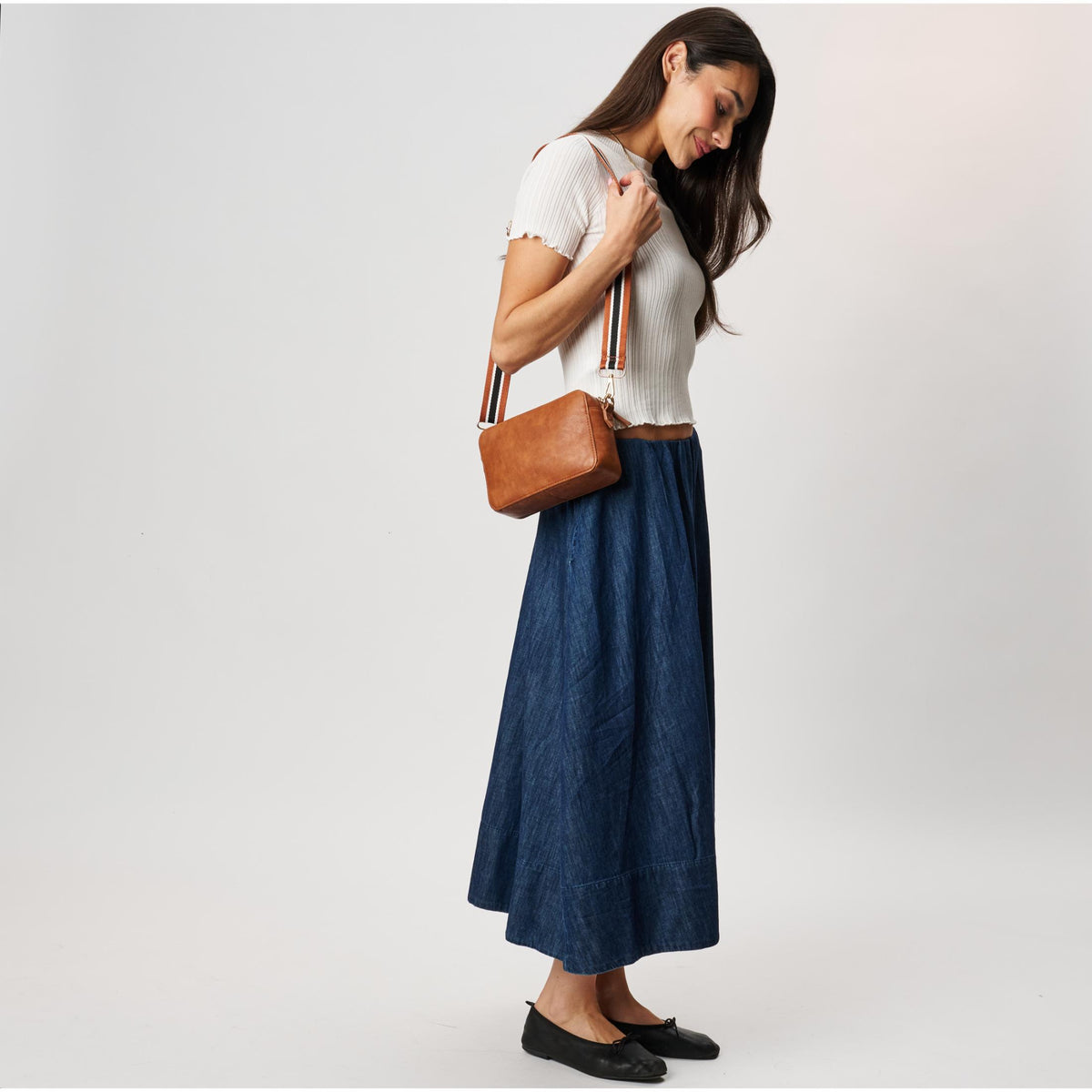 Woman wearing Tan Moda Luxe Skylie Crossbody 842017126706 View 2 | Tan