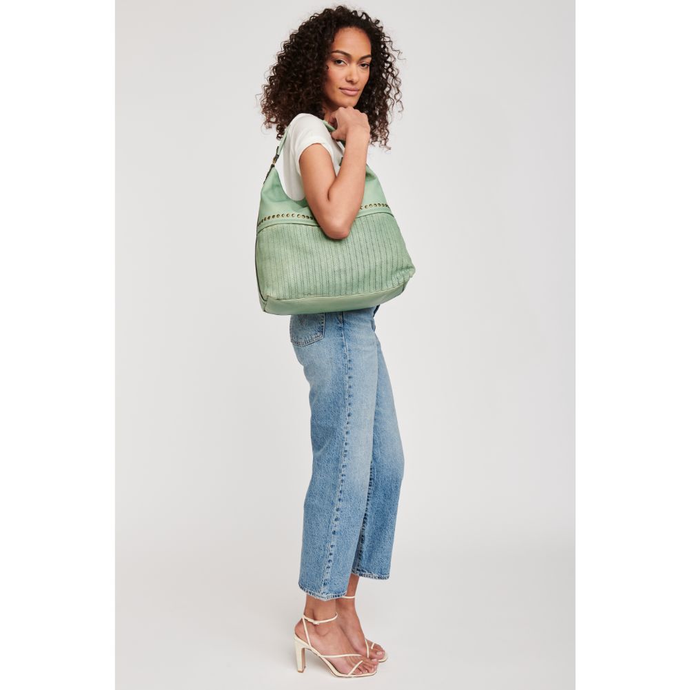 Woman wearing Sage Moda Luxe Kira Hobo 842017117674 View 2 | Sage