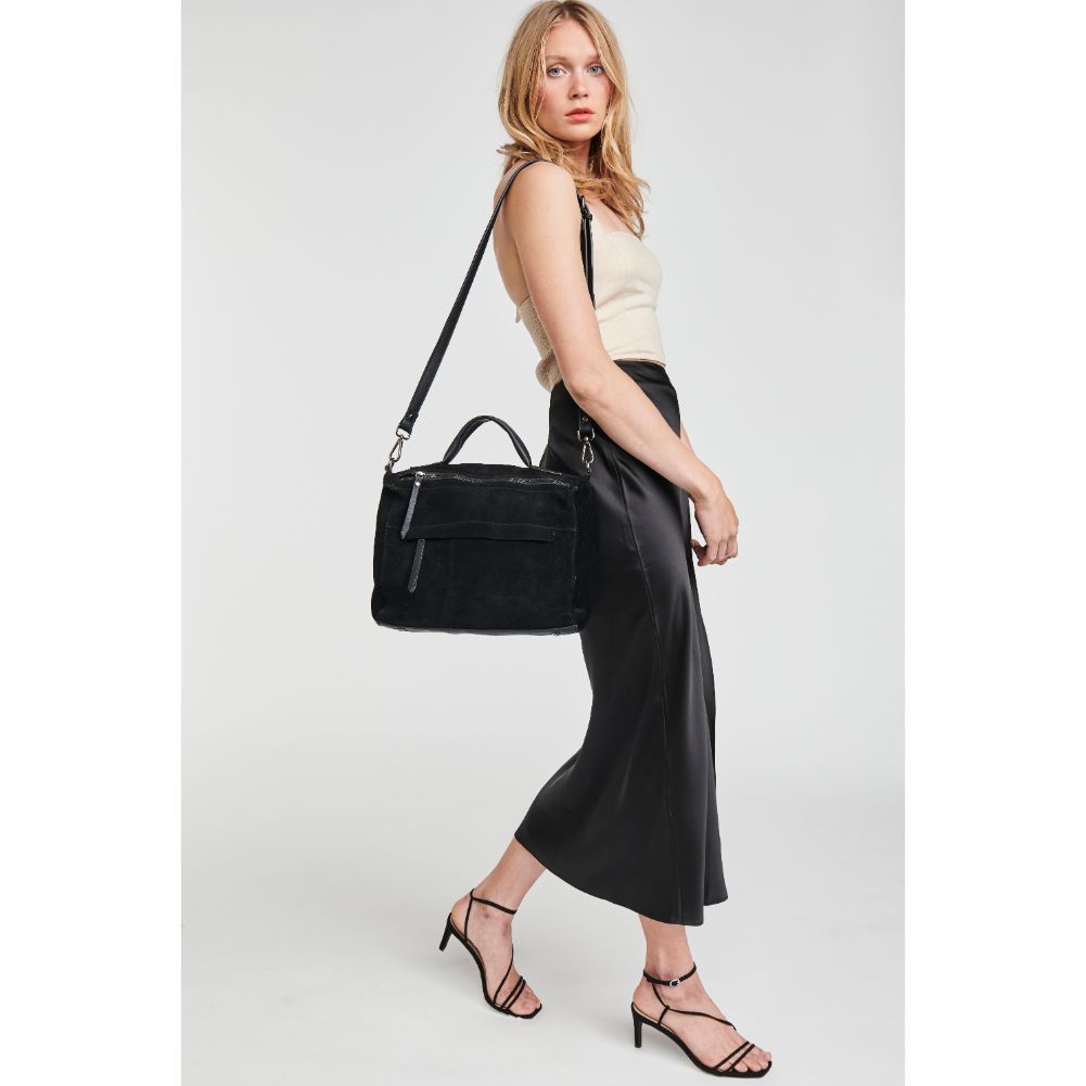 Woman wearing Black Moda Luxe Harrison Satchel 842017116004 View 3 | Black