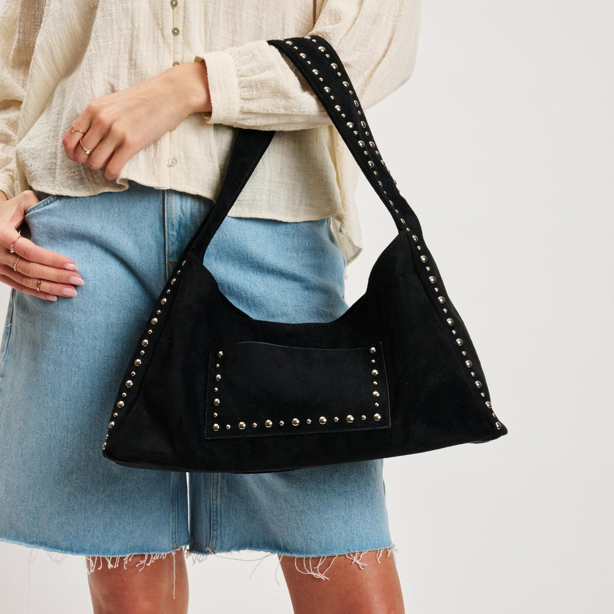 Woman wearing Black Moda Luxe Dahlia Hobo 842017140634 View 1 | Black