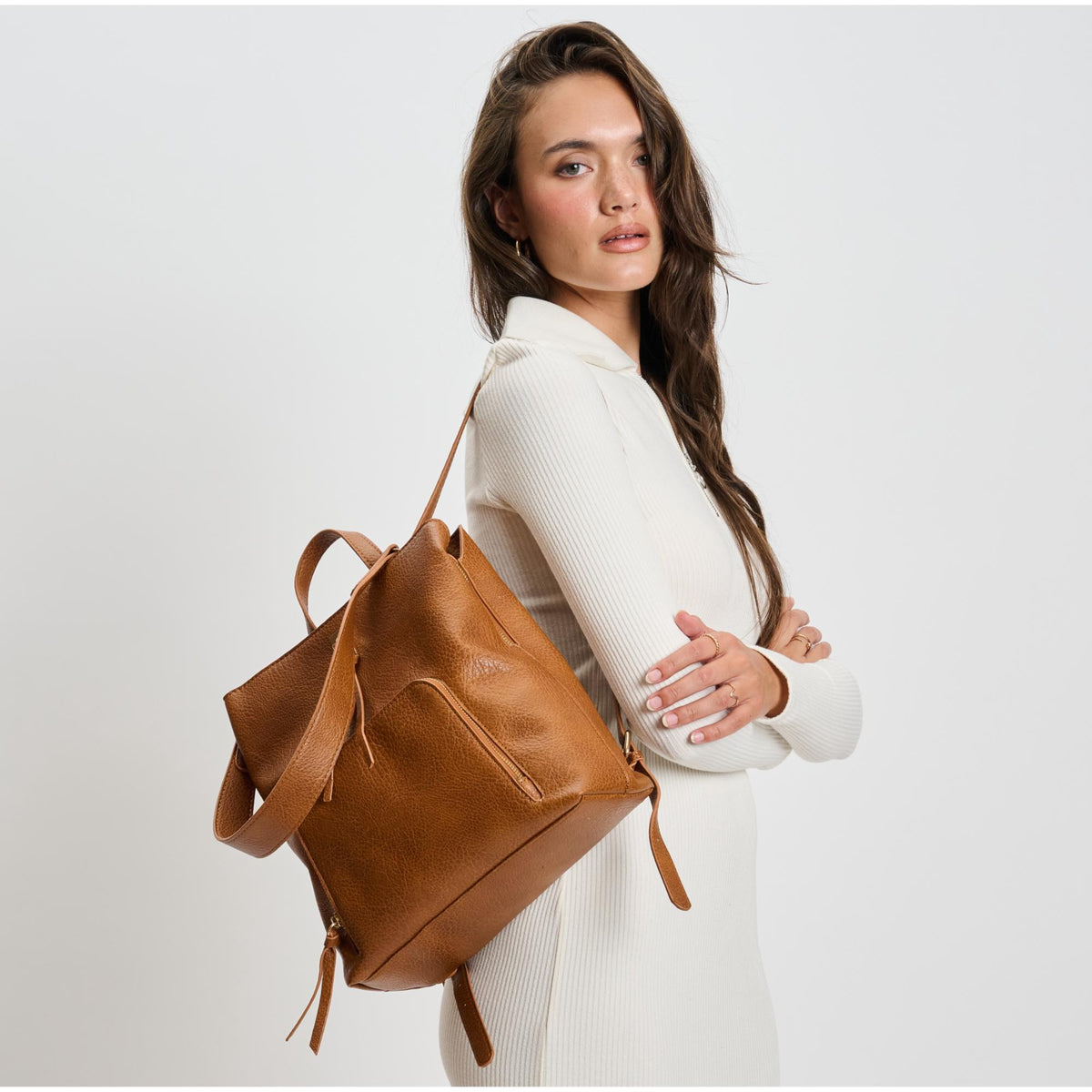 Woman wearing Cognac Moda Luxe Genevieve Backpack 842017136088 View 2 | Cognac