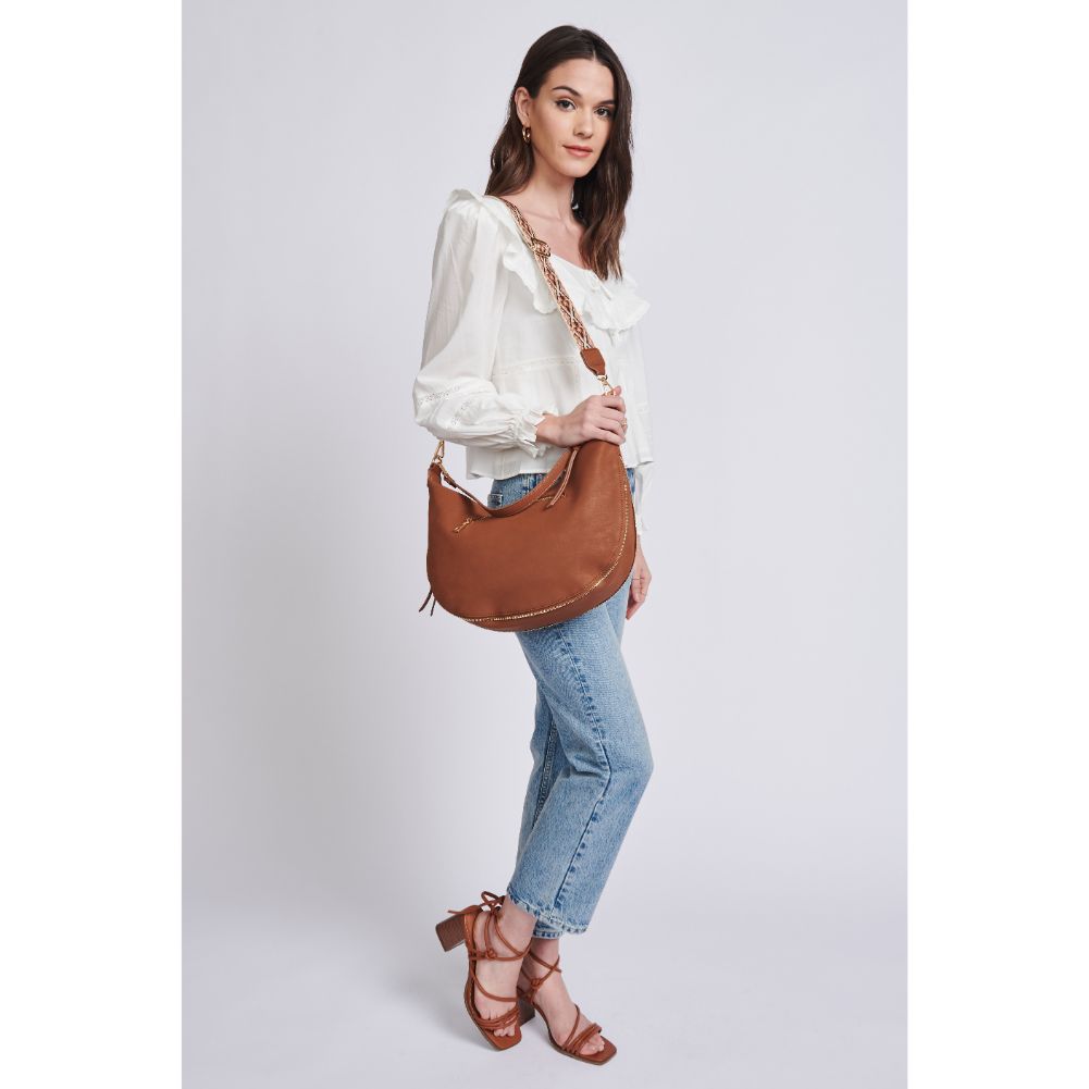 Woman wearing Cognac Moda Luxe Ruby Hobo 842017129370 View 3 | Cognac