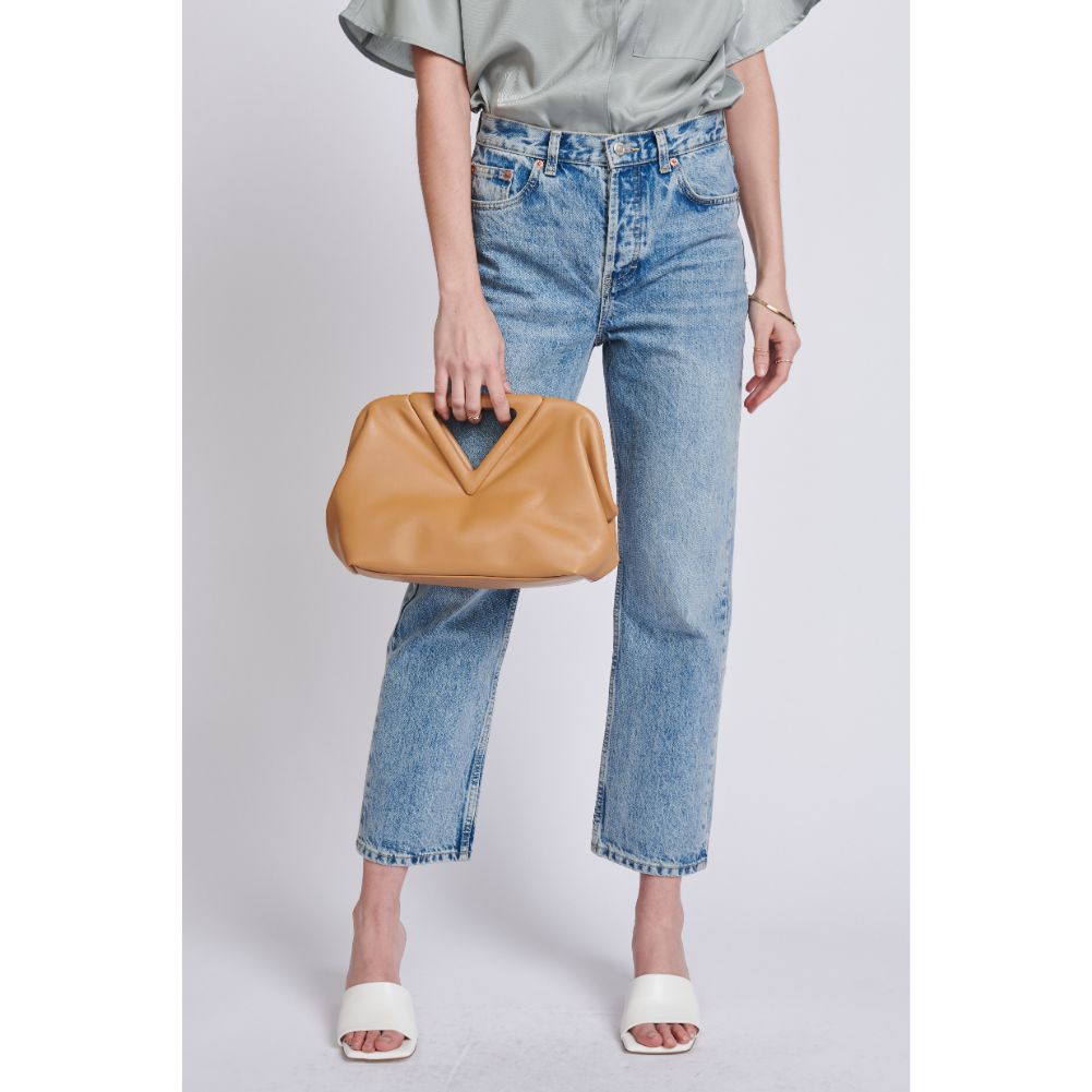 Woman wearing Camel Moda Luxe Kendra Crossbody 842017129042 View 2 | Camel
