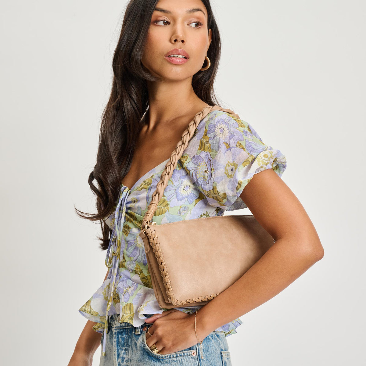 Woman wearing Natural Moda Luxe Velveta Crossbody 842017135388 View 1 | Natural