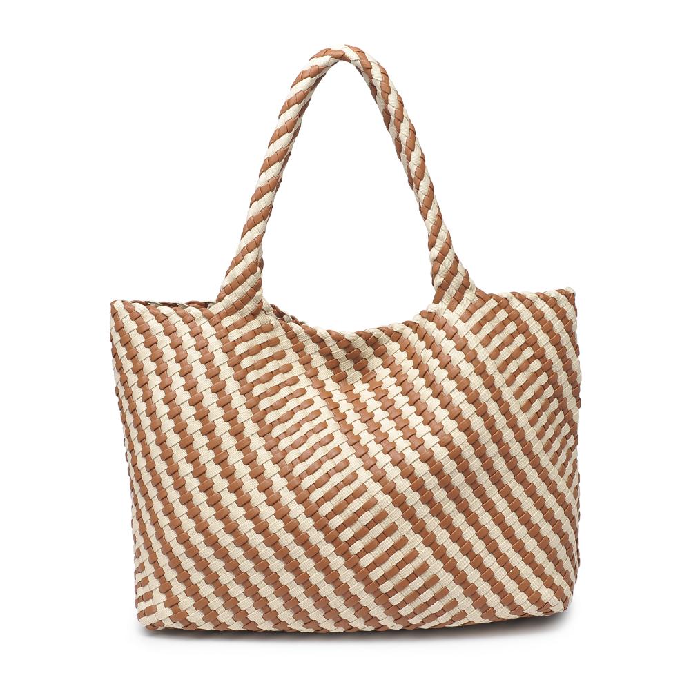 Woman wearing Chocolate Ivory Moda Luxe Solana - Mixed Material Tote 842017135784 View 7 | Chocolate Ivory