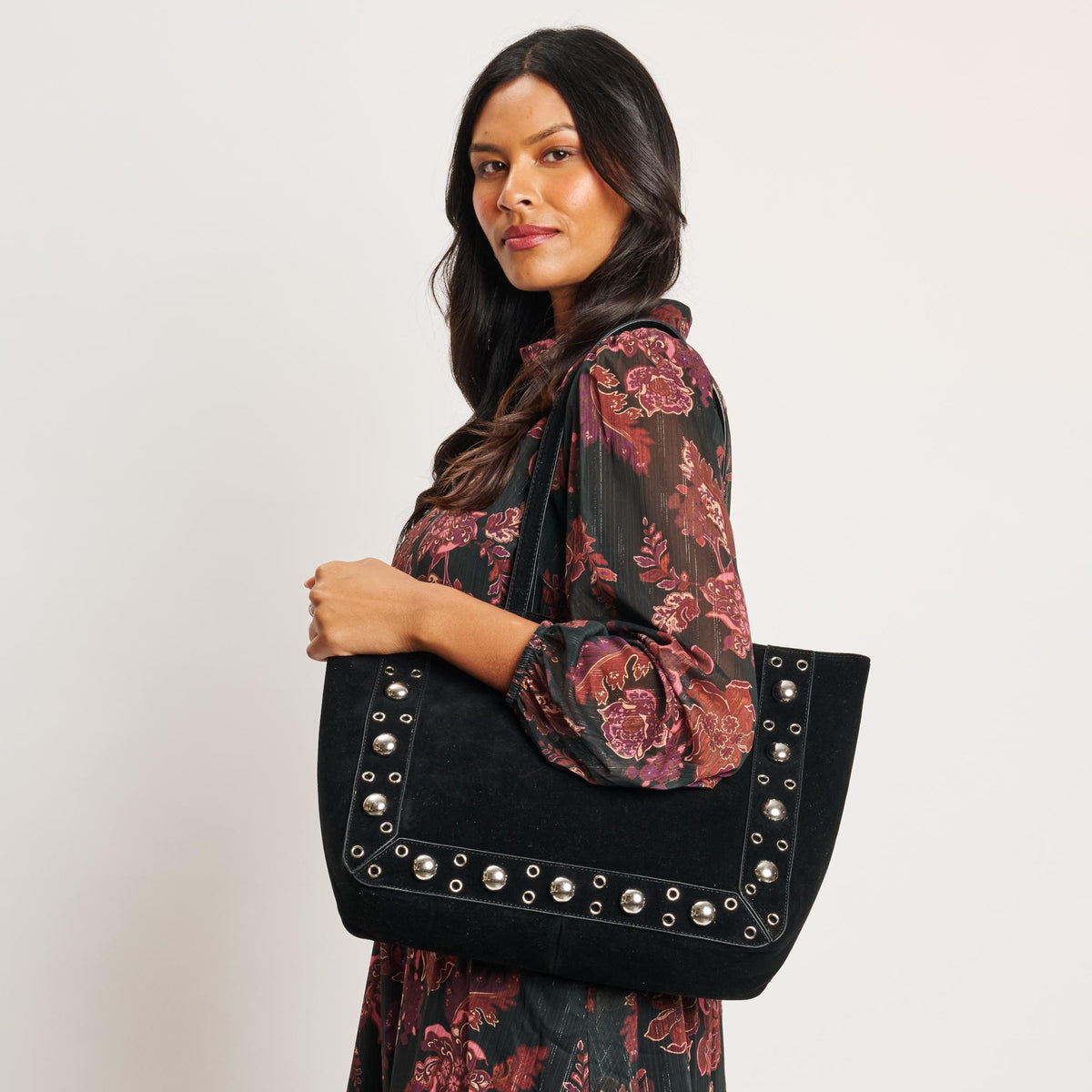 Woman wearing Black Moda Luxe Karli Tote 842017139904 View 2 | Black
