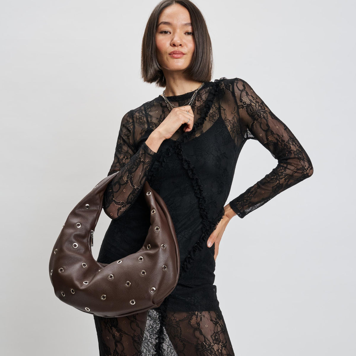 Woman wearing Chocolate Moda Luxe Riot Shoulder Bag 842017139775 View 1 | Chocolate