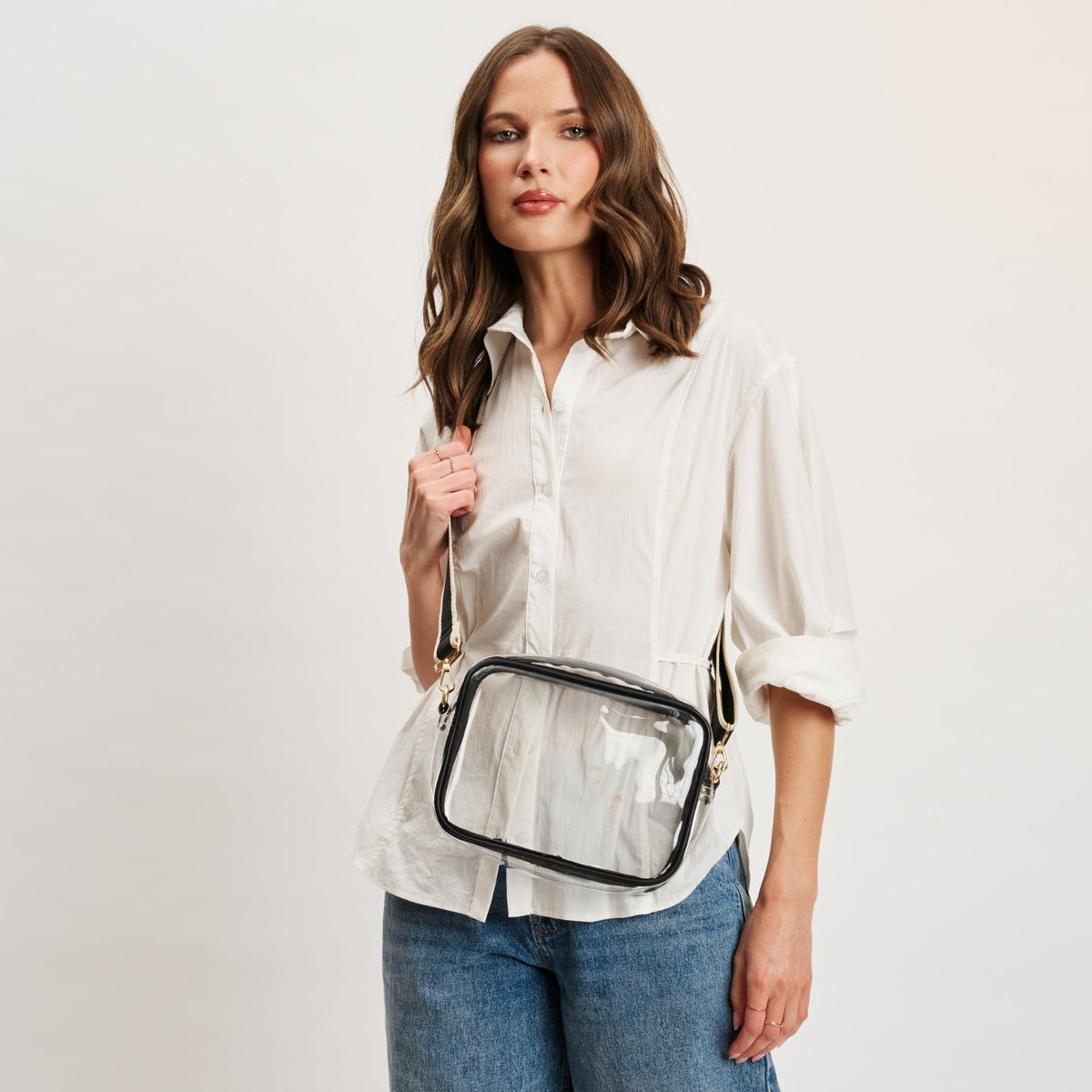 Woman wearing Clear Black Moda Luxe Christina Crossbody 842017133520 View 1 | Clear Black