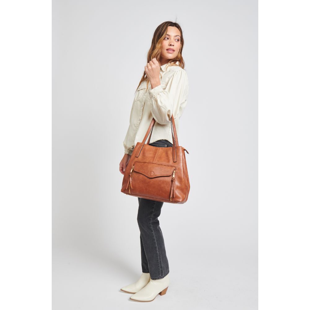 Woman wearing Tan Moda Luxe Elmora Tote 842017130956 View 3 | Tan