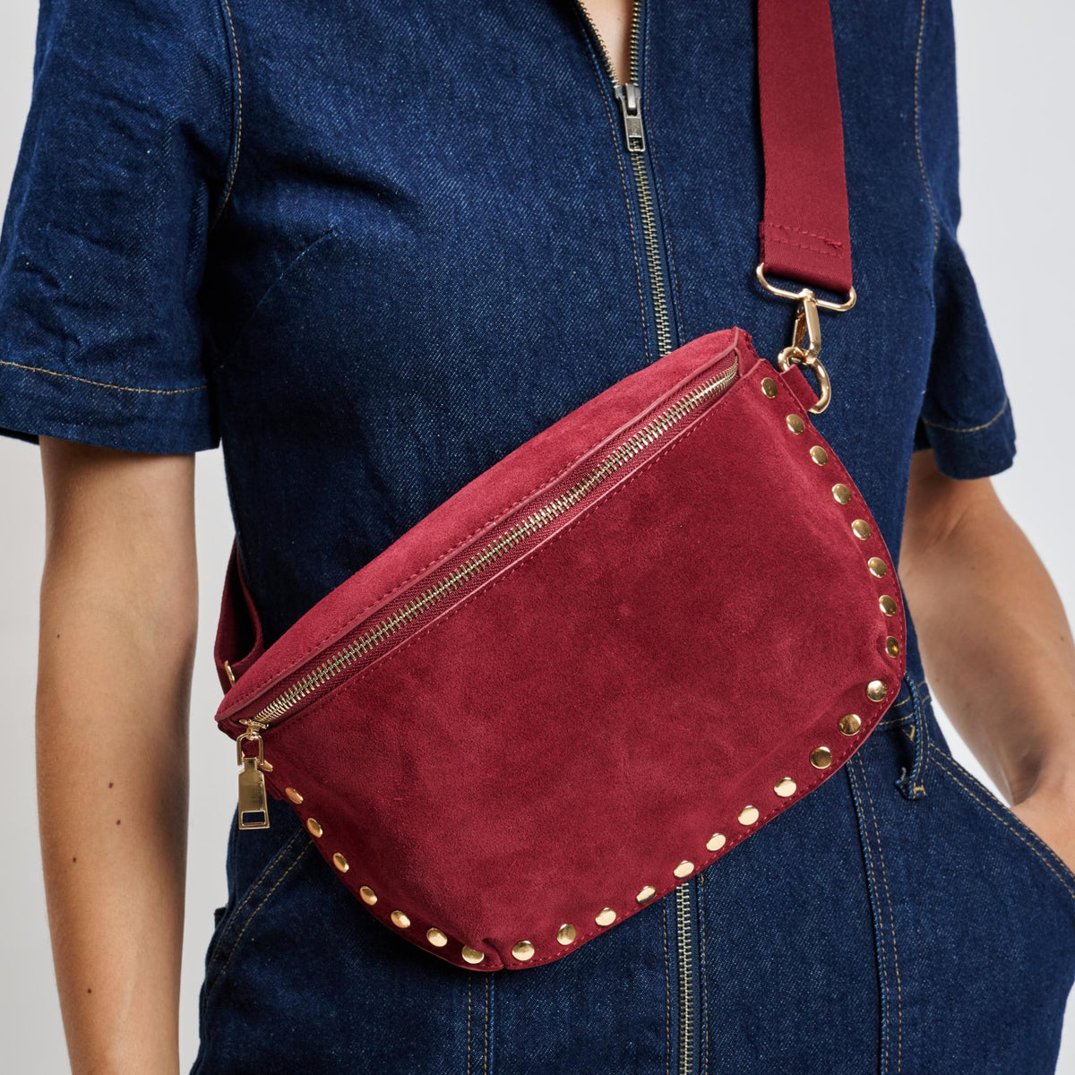 Woman wearing Wine Moda Luxe Gizelle-Suede Belt Bag 842017139683 View 4 | Wine