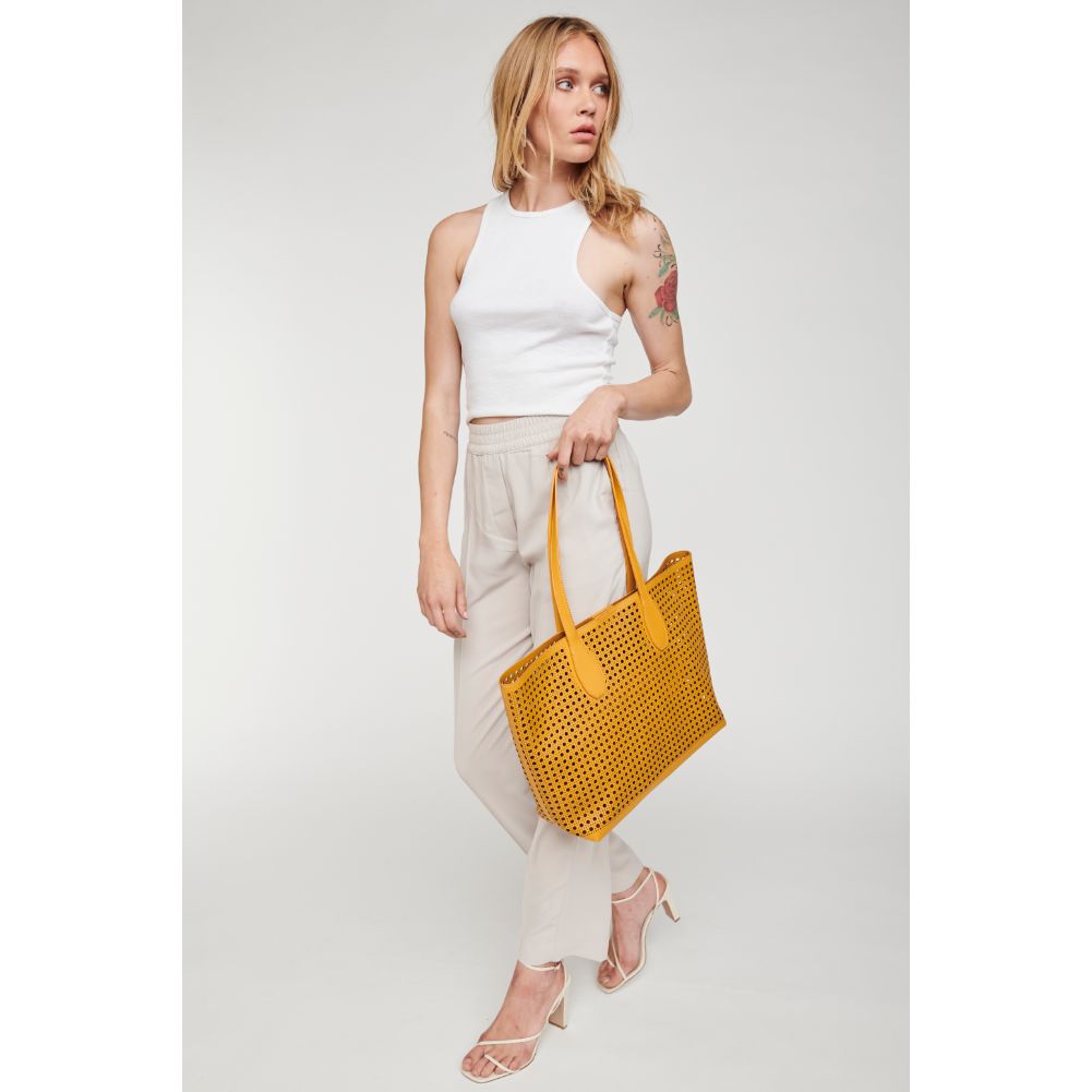 Woman wearing Mustard Moda Luxe Brazil Tote 842017124245 View 4 | Mustard