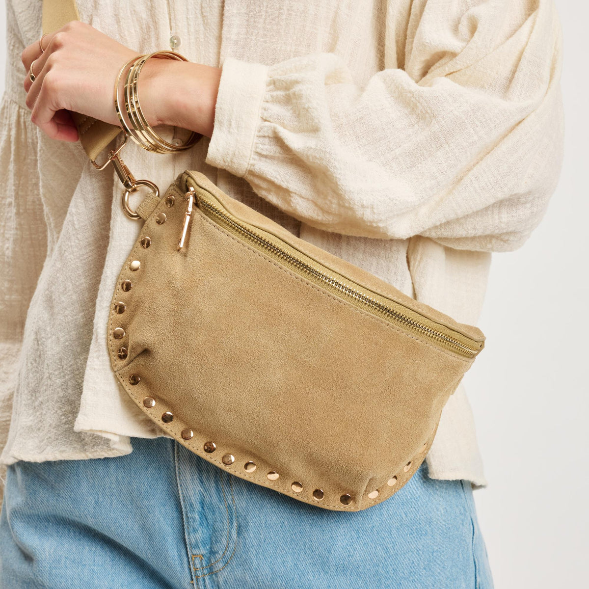 Woman wearing Custard Moda Luxe Gizelle-Suede Belt Bag 842017141471 View 2 | Custard