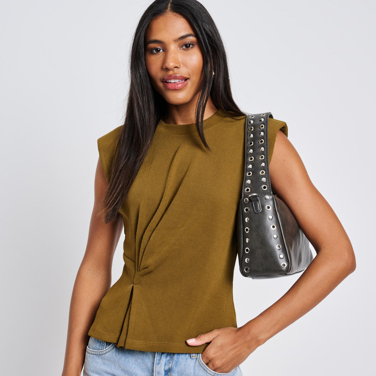 Woman wearing Gunmetal Moda Luxe Jane Clutch 842017136743 View 2 | Gunmetal