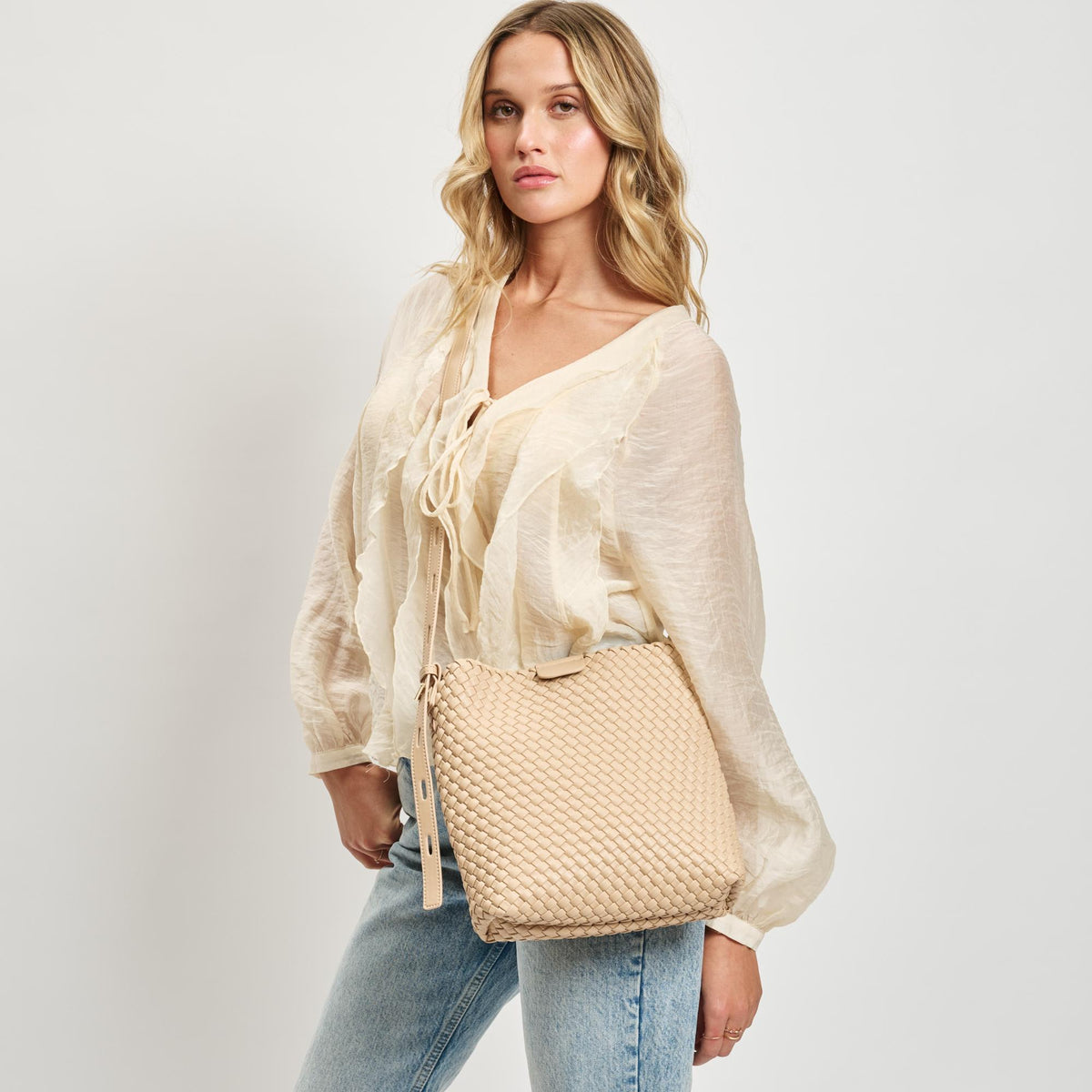 Woman wearing Natural Moda Luxe Isadora Bucket 842017137368 View 1 | Natural