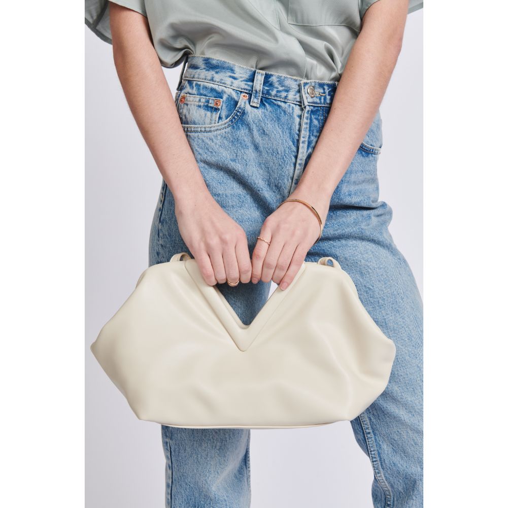 Woman wearing Oatmilk Moda Luxe Kendra Crossbody 842017129059 View 3 | Oatmilk