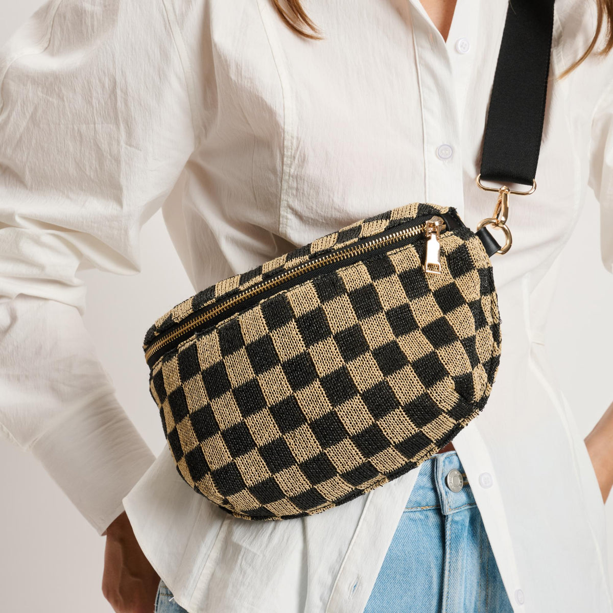 Woman wearing Black Natural Moda Luxe Gizelle - Large Checker Belt Bag 842017141044 View 4 | Black Natural