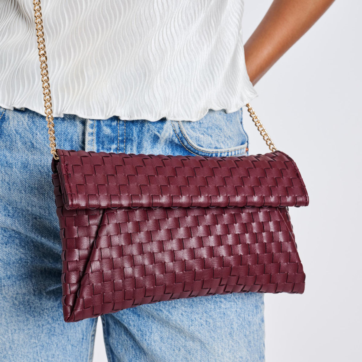 Woman wearing Wine Moda Luxe Priscilla Clutch 842017136583 View 4 | Wine