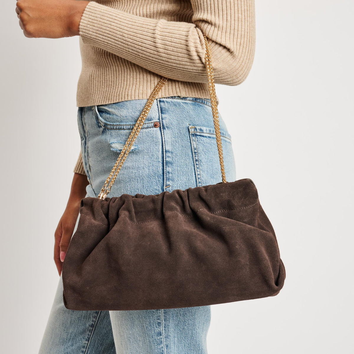 Woman wearing Chocolate Moda Luxe Penelope Shoulder Bag 842017139126 View 1 | Chocolate