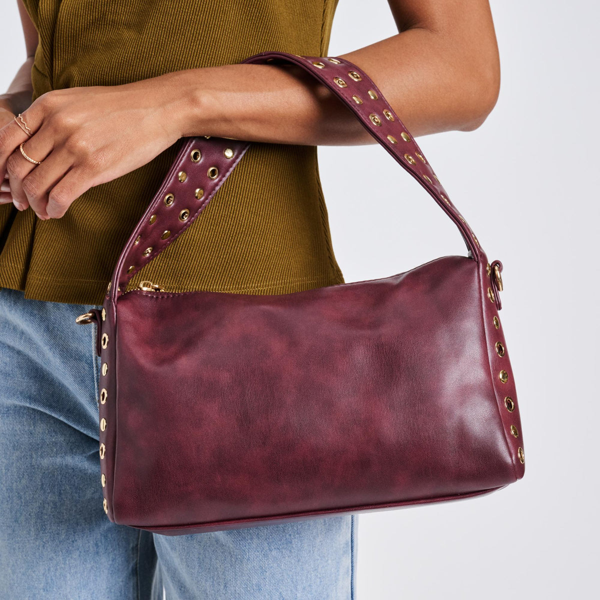 Woman wearing Burgundy Moda Luxe Jane Clutch 842017136767 View 1 | Burgundy
