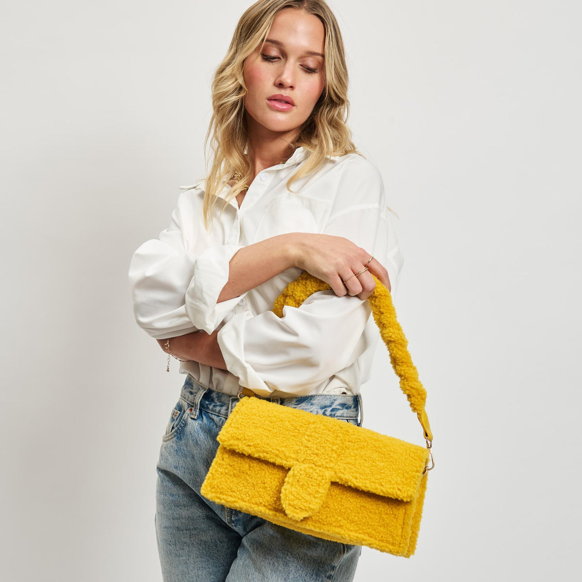 Woman wearing Mustard Moda Luxe Fergie Crossbody 842017133728 View 2 | Mustard