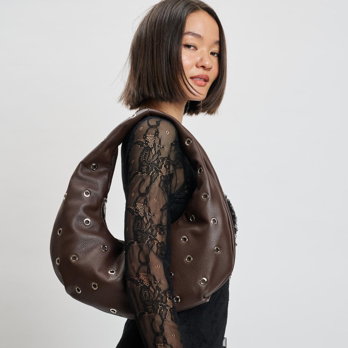 Woman wearing Chocolate Moda Luxe Riot Shoulder Bag 842017139775 View 2 | Chocolate