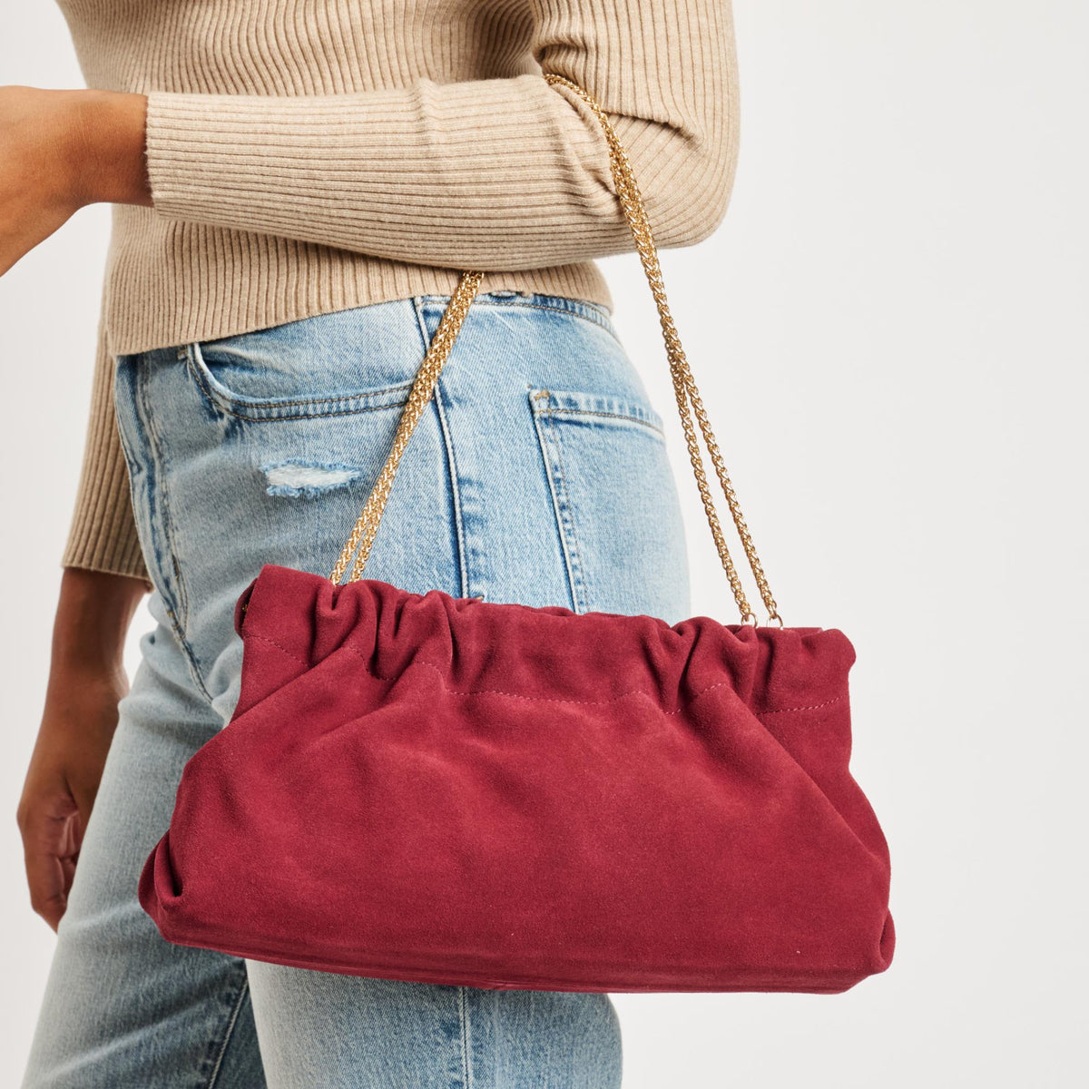 Woman wearing Wine Moda Luxe Penelope Shoulder Bag 842017139133 View 4 | Wine