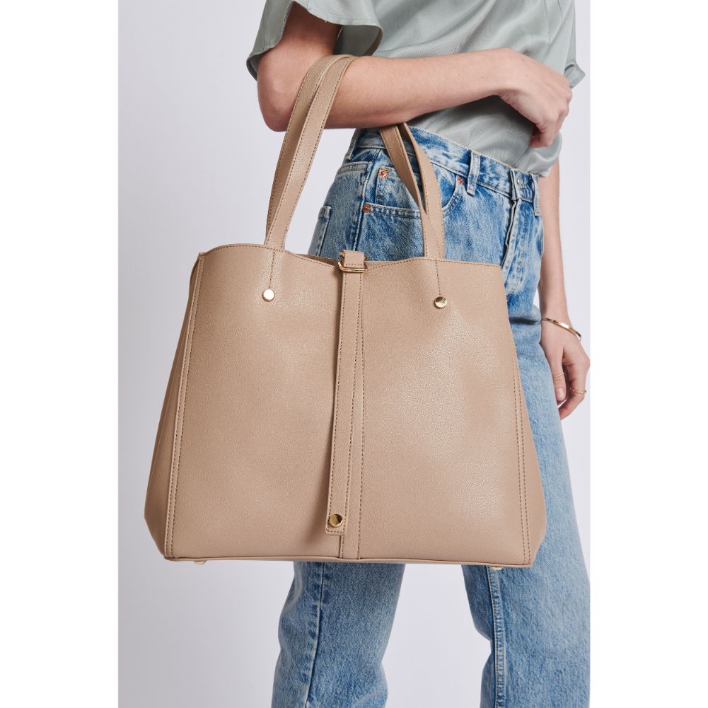 Woman wearing Natural Moda Luxe Josephine Satchel 842017116882 View 3 | Natural
