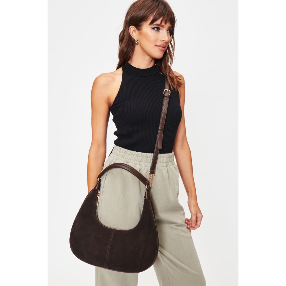 Woman wearing Chocolate Moda Luxe Teresa Shoulder Bag 842017128274 View 4 | Chocolate