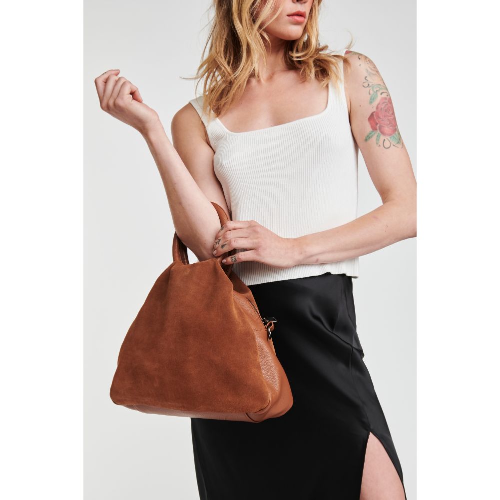 Woman wearing Tan Moda Luxe Addy Satchel 842017126362 View 3 | Tan