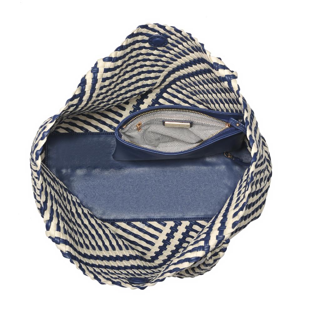 Woman wearing Navy Ivory Moda Luxe Solana - Mixed Material Tote 842017135791 View 9 | Navy Ivory