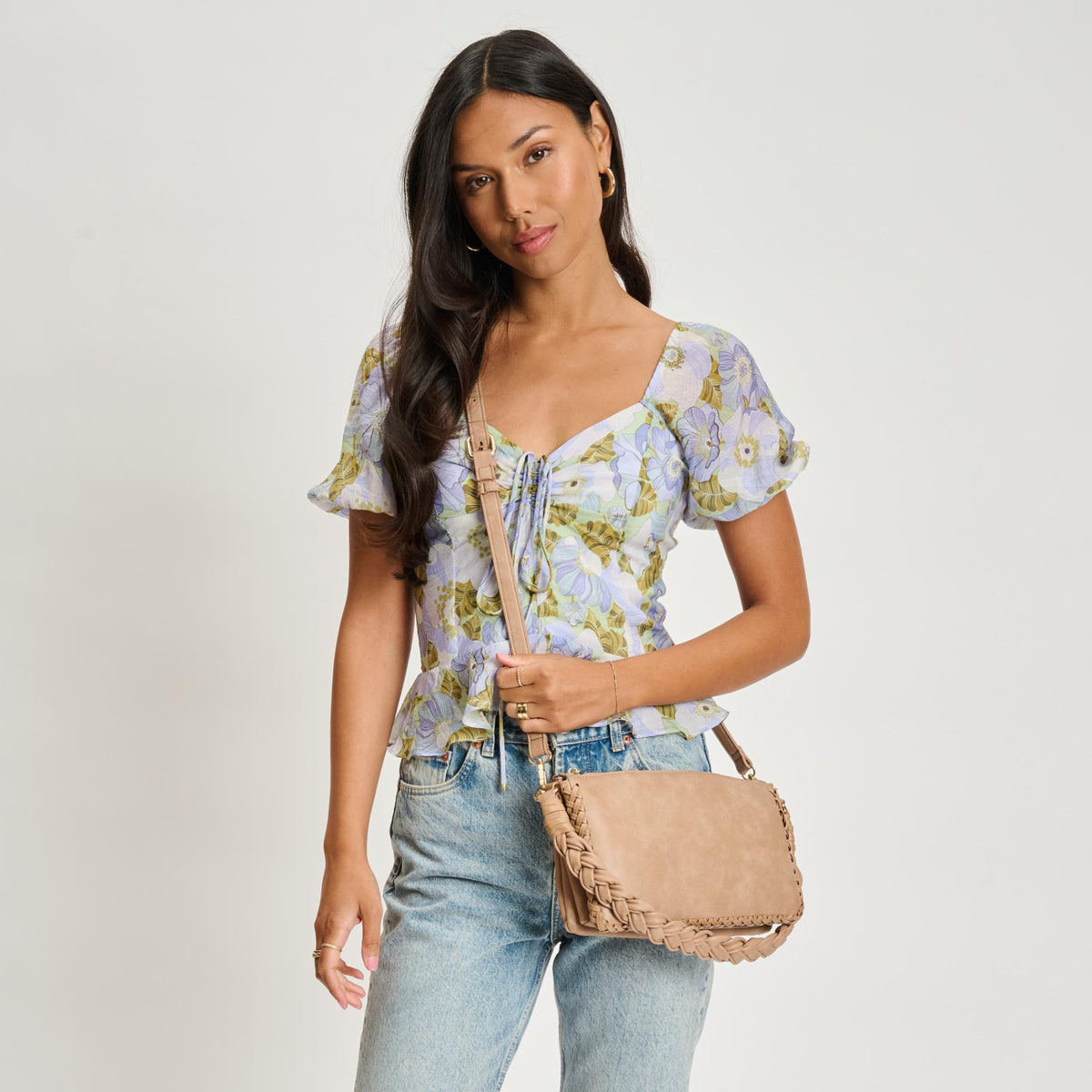 Woman wearing Natural Moda Luxe Velveta Crossbody 842017135388 View 2 | Natural
