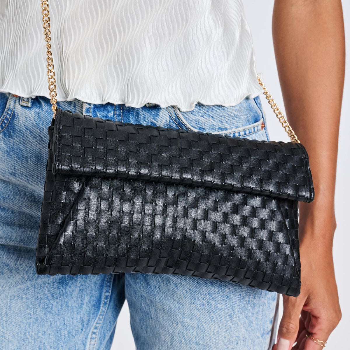 Woman wearing Black Moda Luxe Priscilla Clutch 842017136538 View 4 | Black