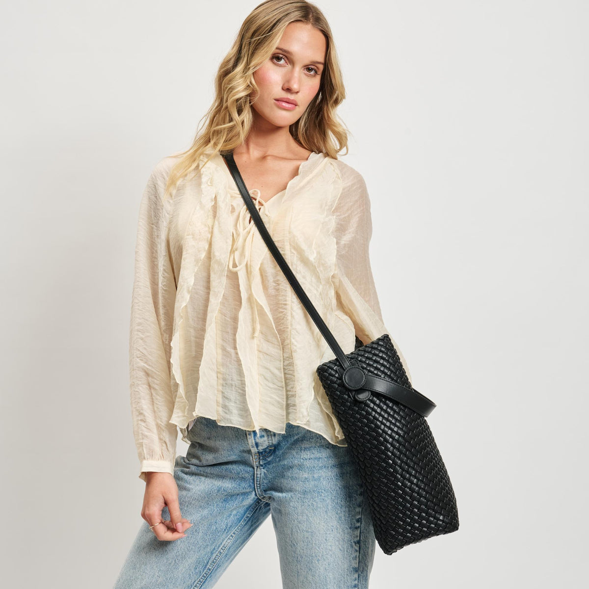 Woman wearing Black Moda Luxe Edith Hobo 842017137474 View 3 | Black
