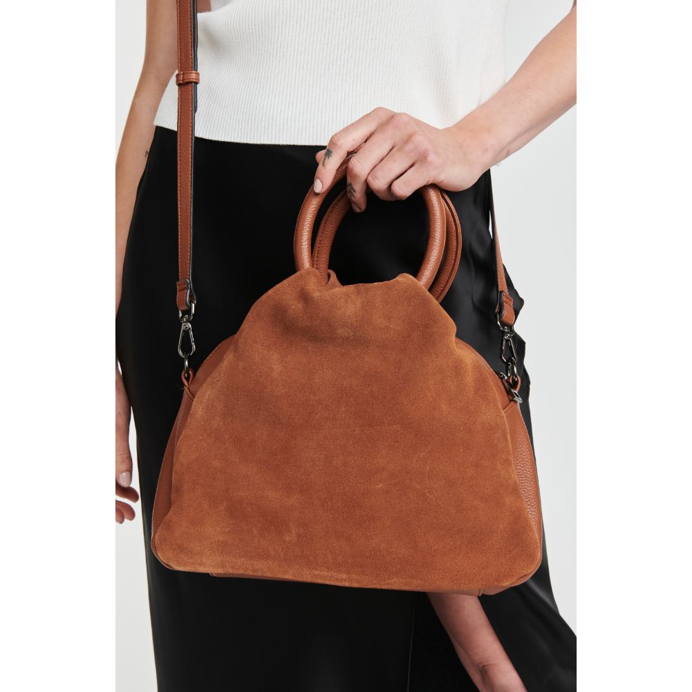 Woman wearing Tan Moda Luxe Addy Satchel 842017126362 View 1 | Tan