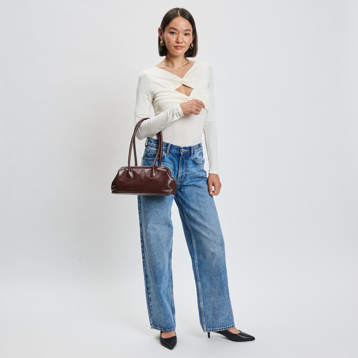 Woman wearing Chocolate Moda Luxe Ninna Shoulder Bag 842017139577 View 3 | Chocolate