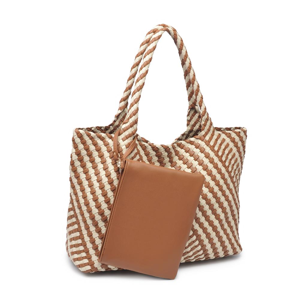Woman wearing Chocolate Ivory Moda Luxe Solana - Mixed Material Tote 842017135784 View 6 | Chocolate Ivory