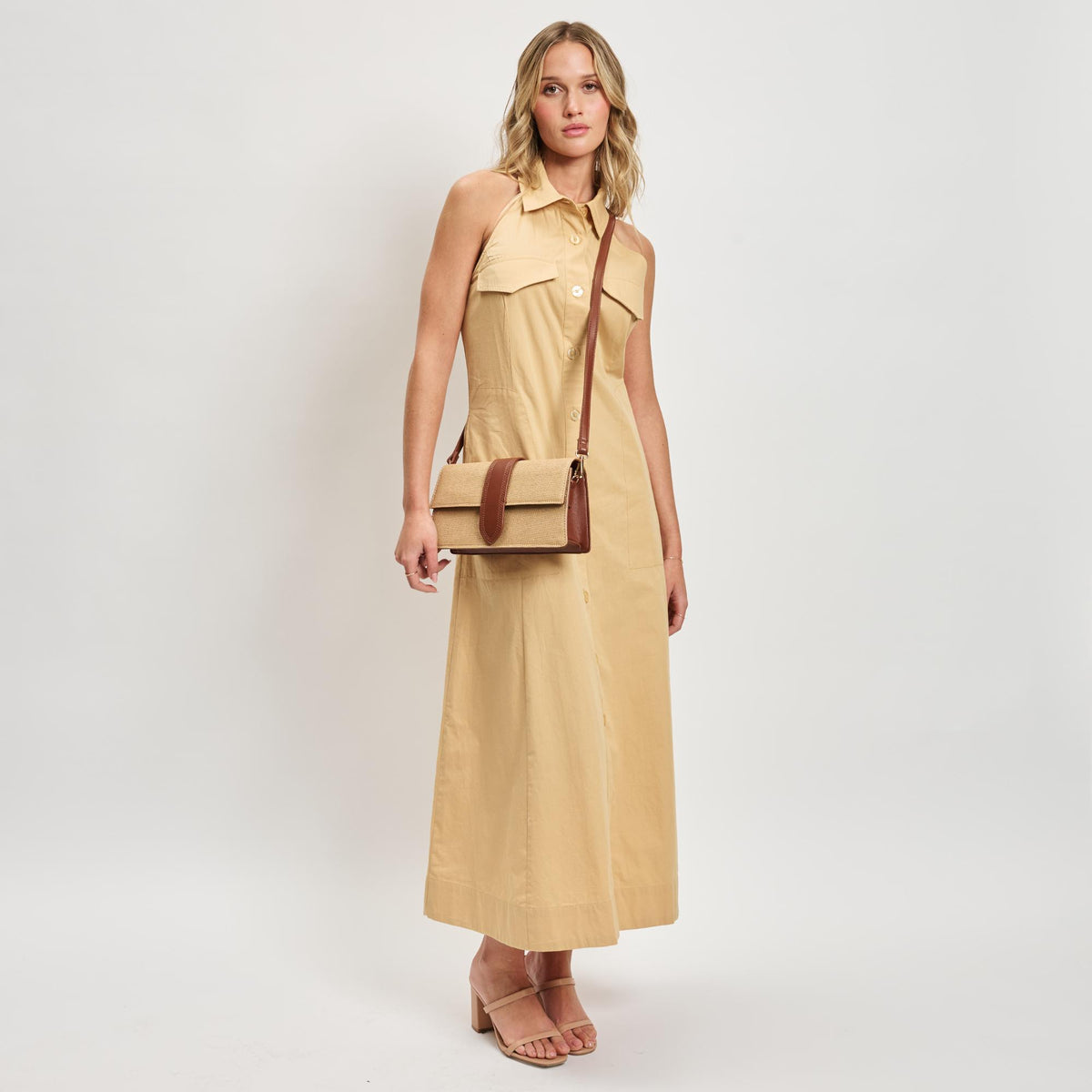Woman wearing Natural Tan Moda Luxe Violet - Straw Crossbody 840611150837 View 4 | Natural Tan