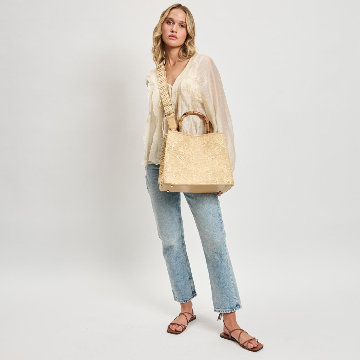 Woman wearing Natural Moda Luxe Riviera Tote 842017138587 View 2 | Natural