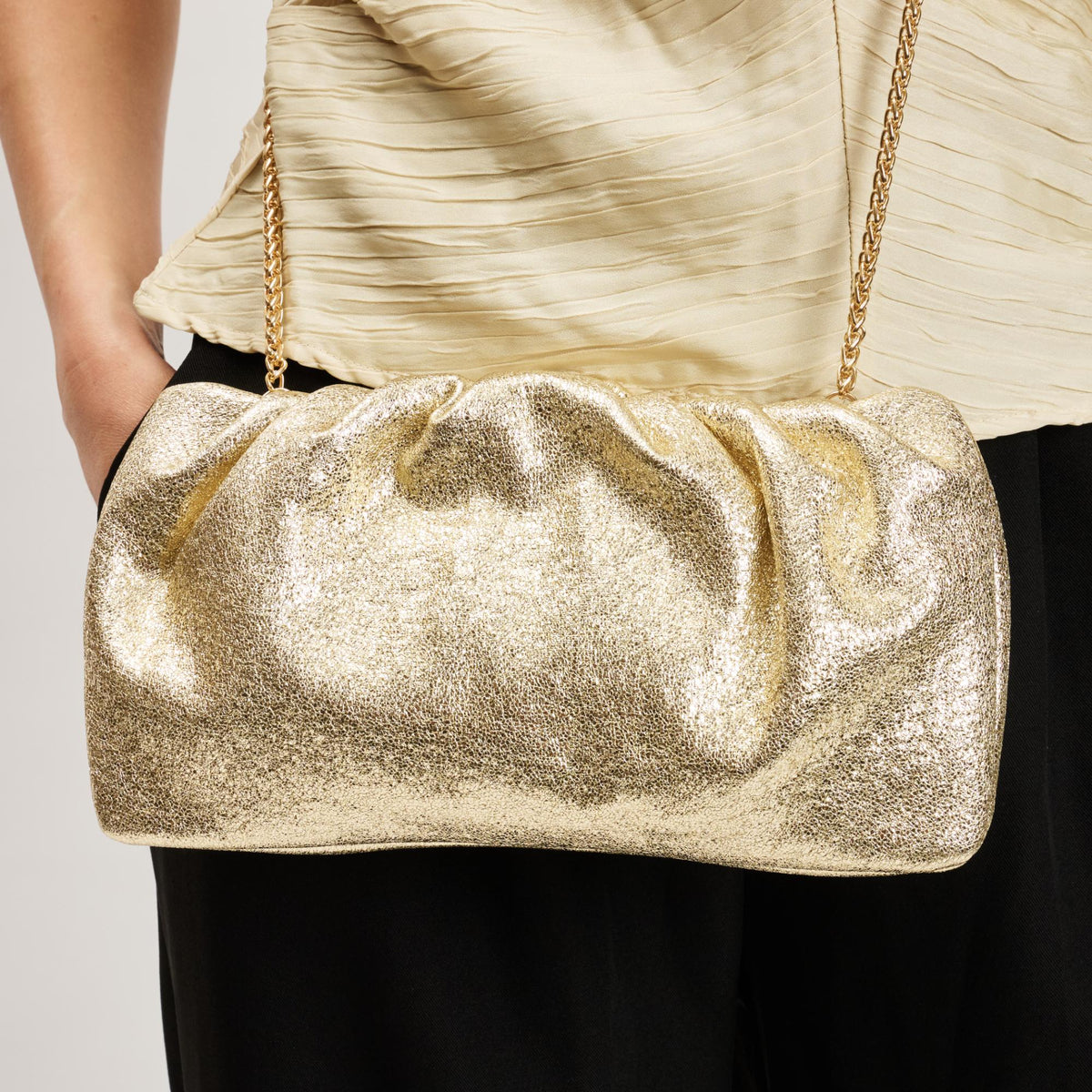 Woman wearing Gold Moda Luxe Fancy Clutch 842017141334 View 2 | Gold