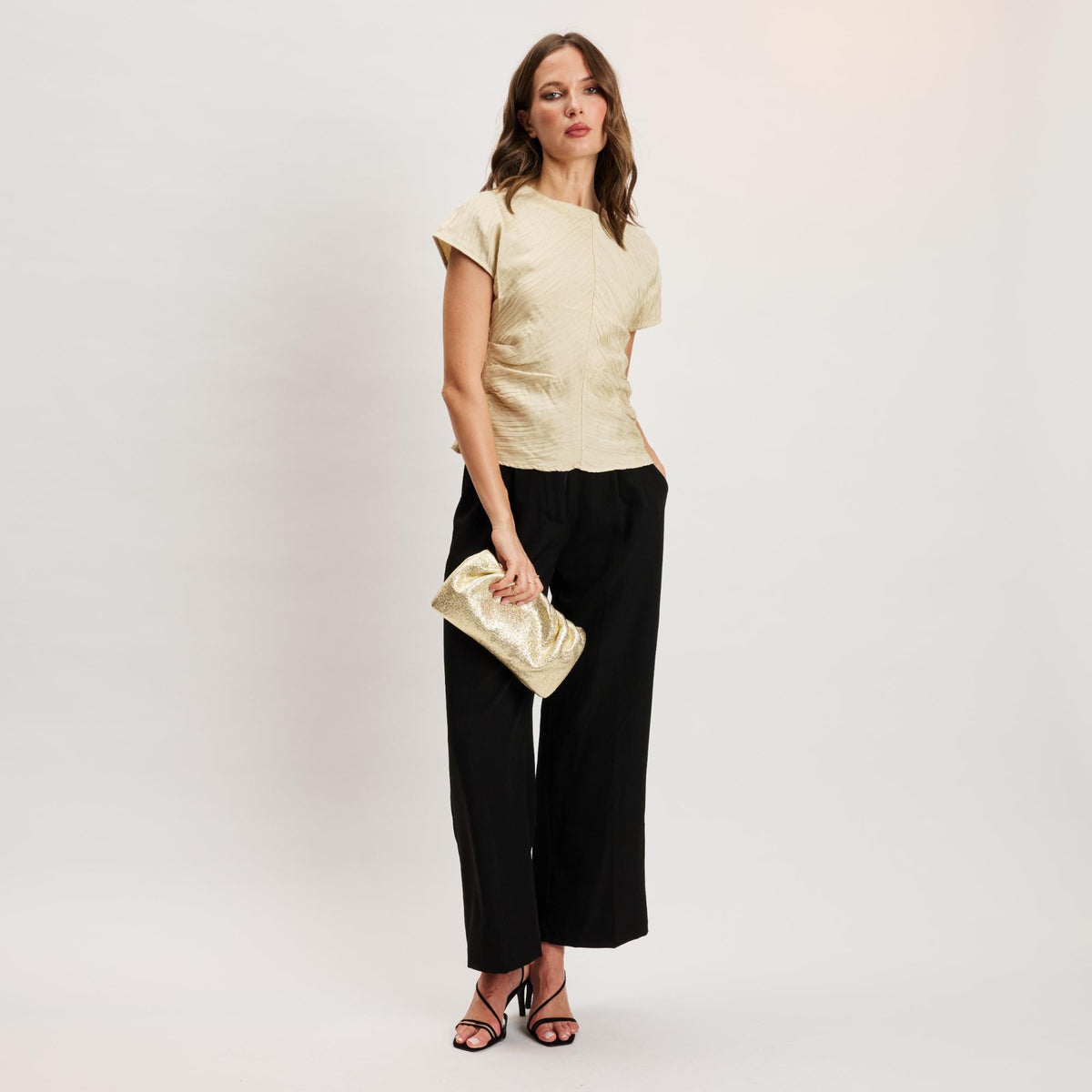 Woman wearing Gold Moda Luxe Fancy Clutch 842017141334 View 4 | Gold