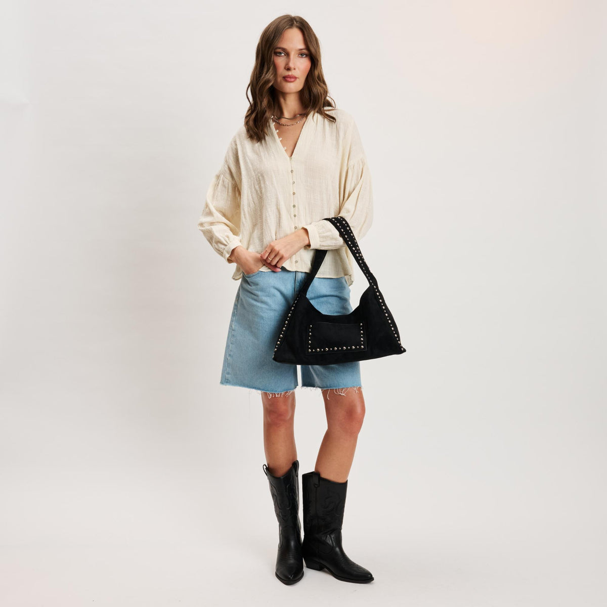Woman wearing Black Moda Luxe Dahlia Hobo 842017140634 View 4 | Black