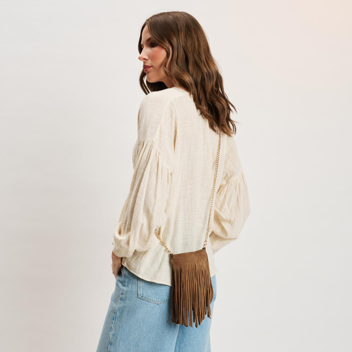 Woman wearing Hazelnut Moda Luxe River Evening Bag 842017140511 View 2 | Hazelnut